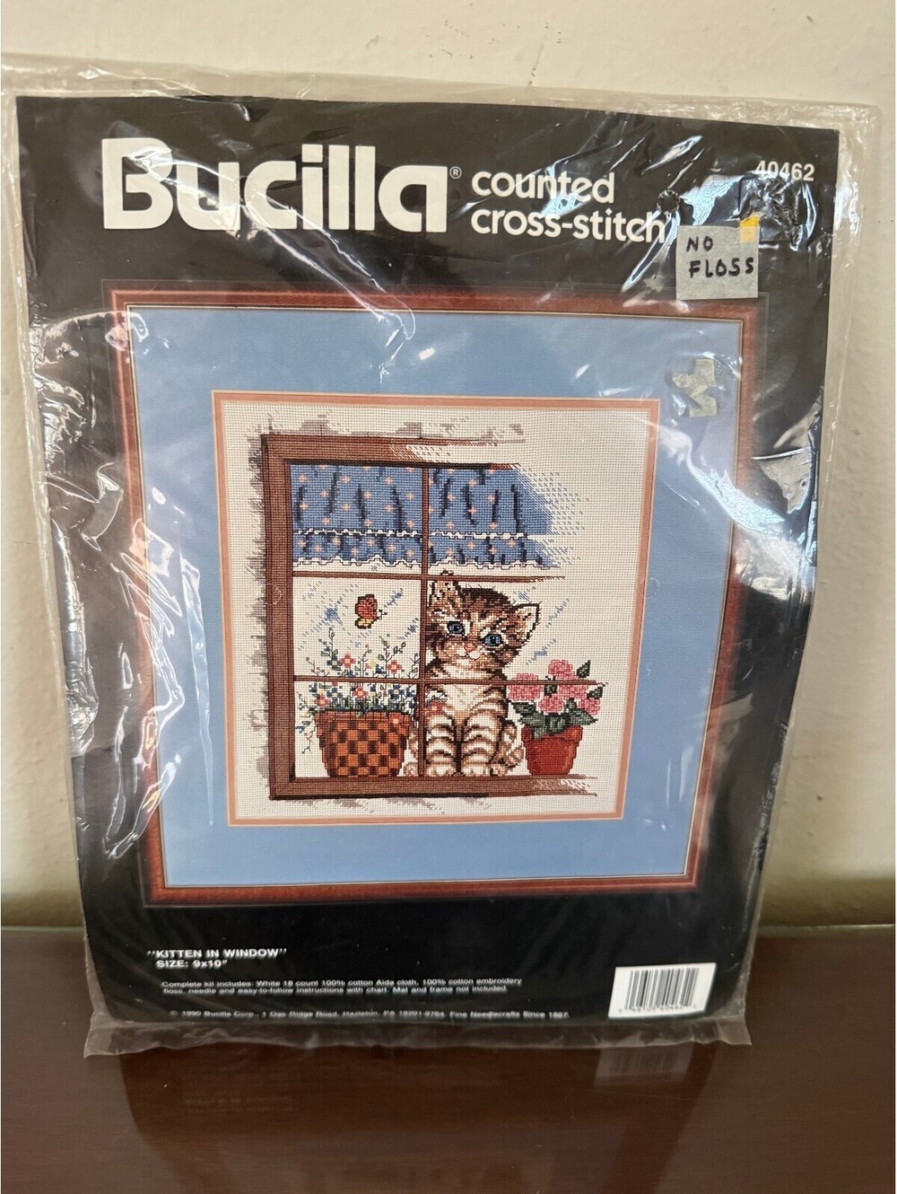 Vtg Bucilla 1990 Counted Cross-Stitch Kit "Kitten in Window" 9x10 Inches